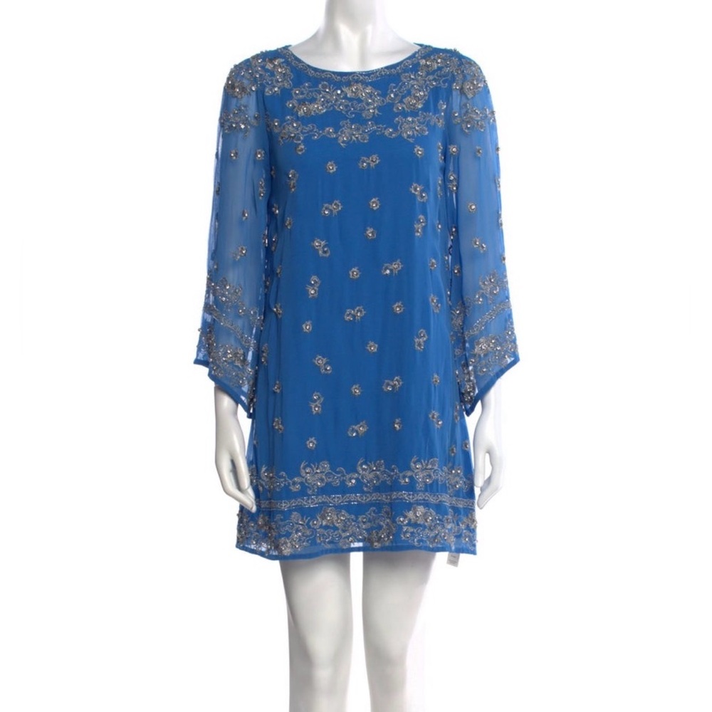 Alice + Olivia Blue Shift Dress  ELEONORA EMBELLISHED TUNIC DRESS $595 sz 2 EUC